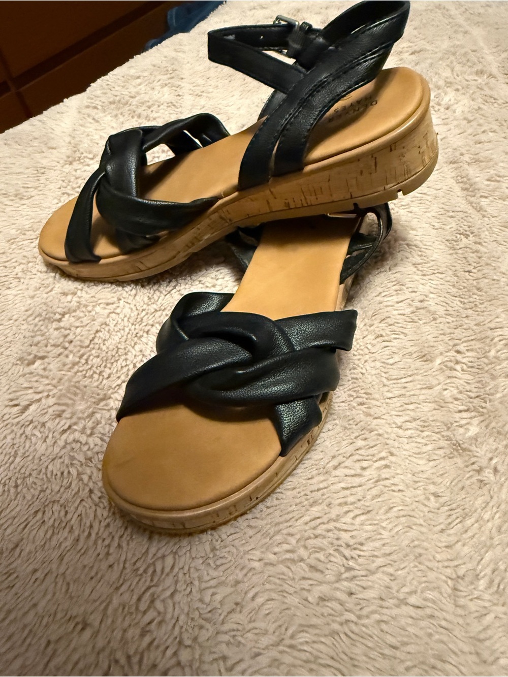 Denver Hayes Black Knotted Strap Cork Wedge Sandals